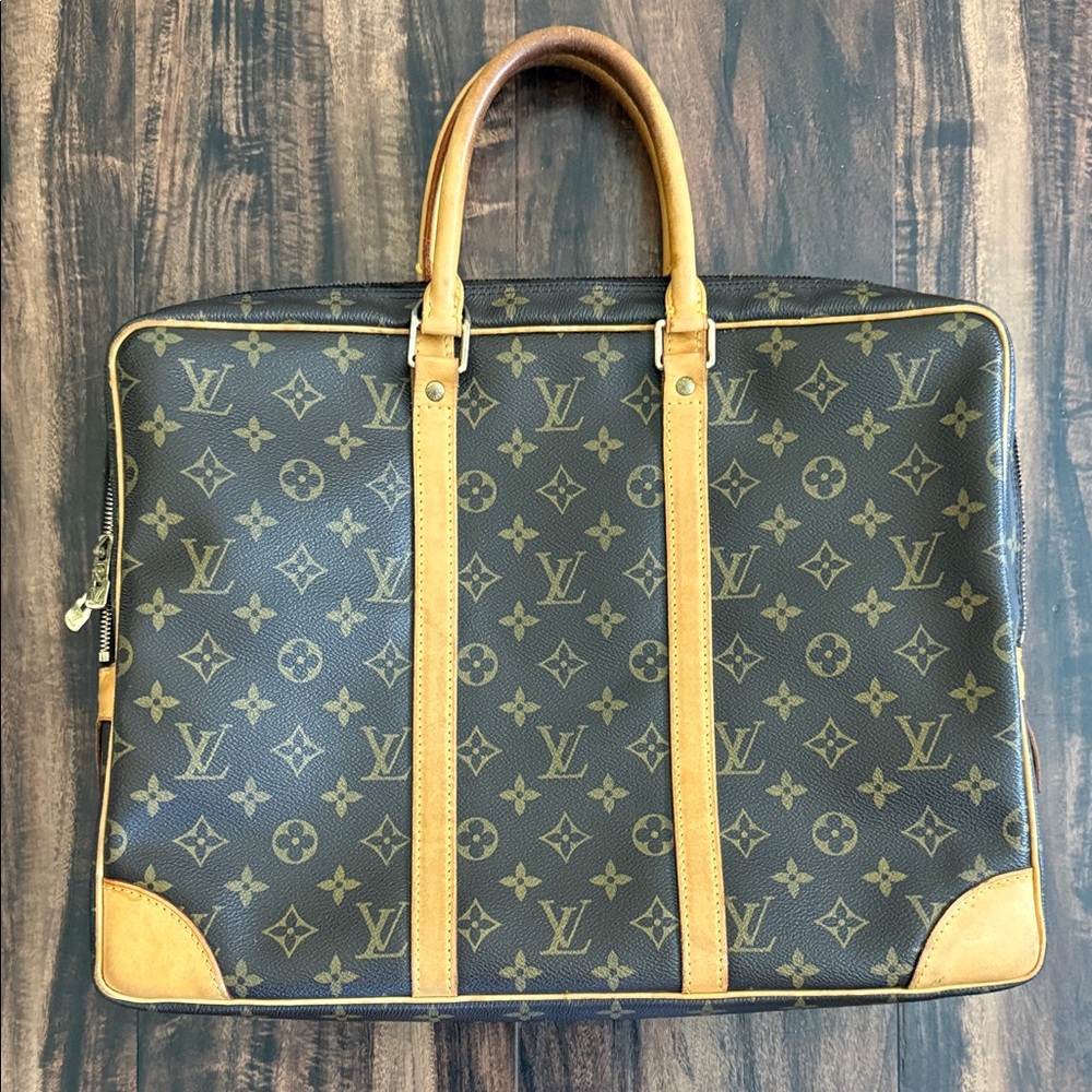 Louis Vuitton Monogram Canvas Briefcase with Tan Leather Trim